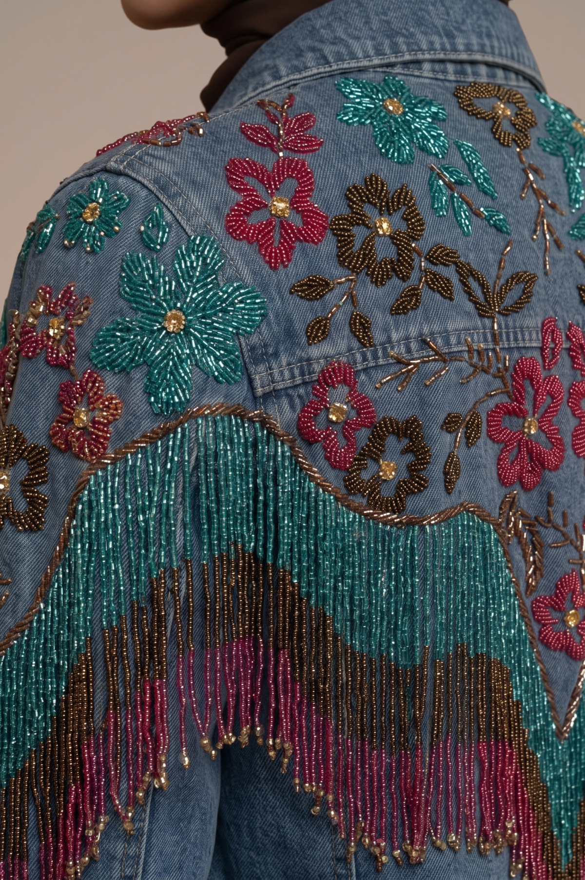 Farandole floral bead embroidery and multicoloured beaded fringe detail