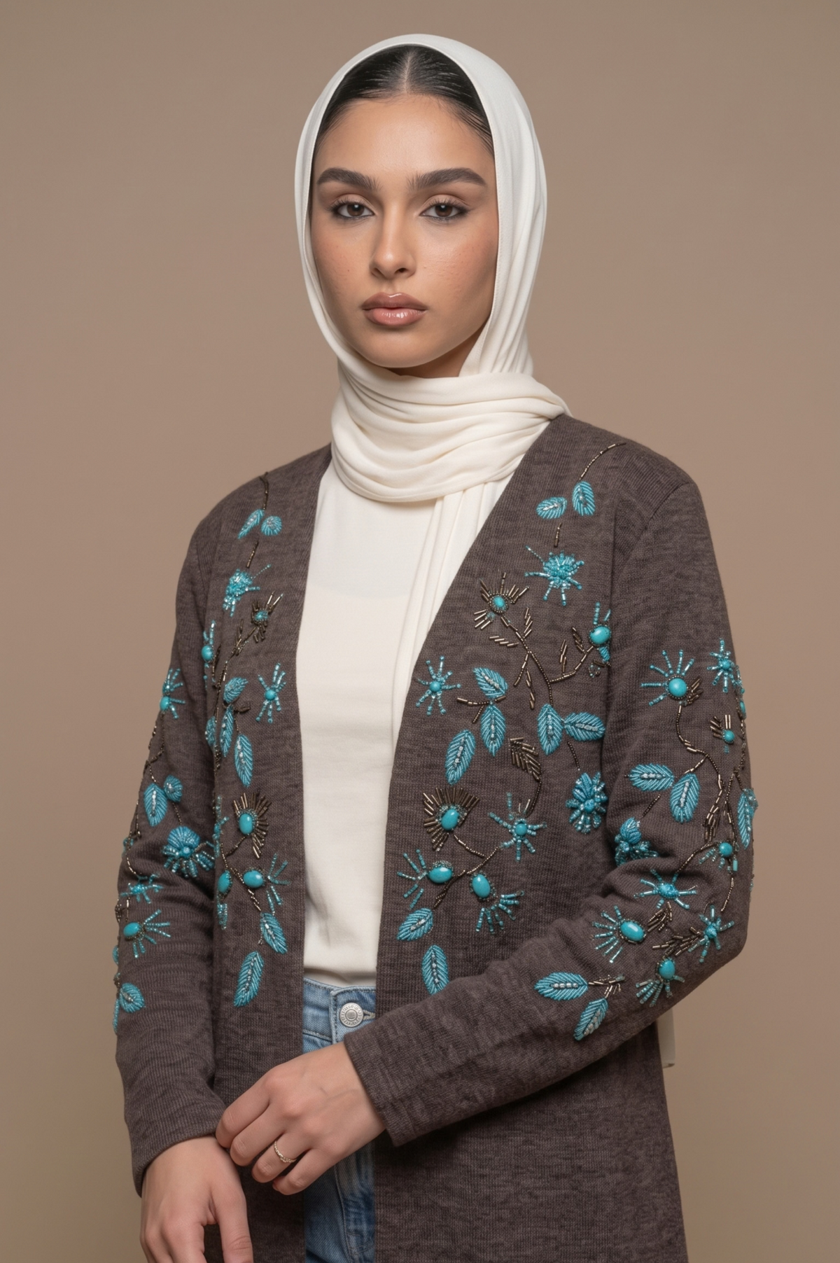 Lagune model wearing the jacket in the studio