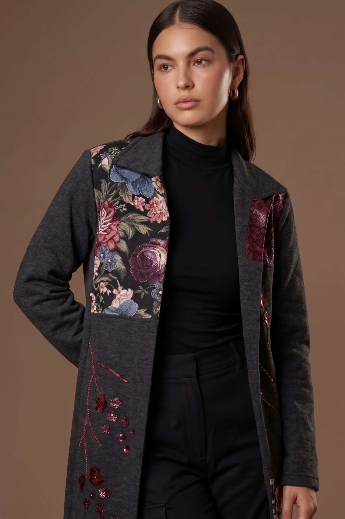 Mosaique model wearing the jacket in the studio