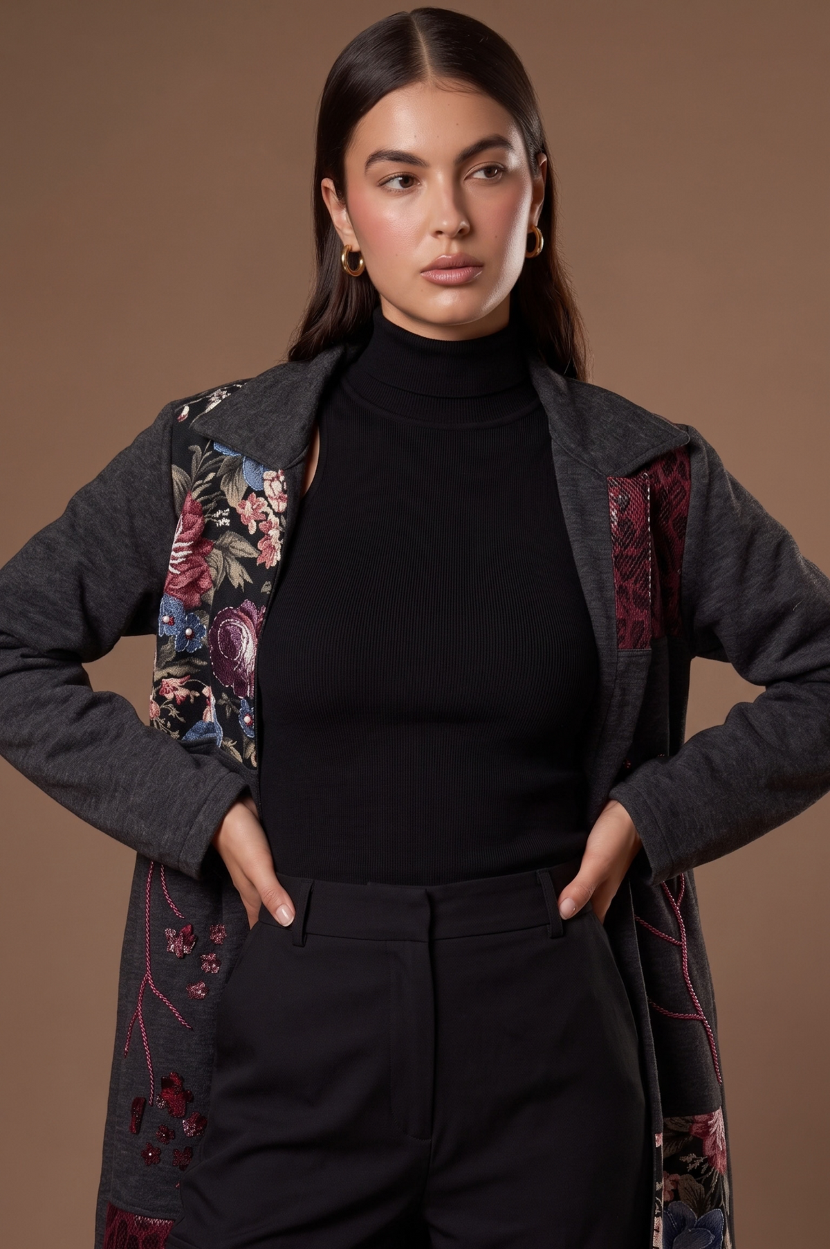 Mosaique model wearing the jacket in the studio
