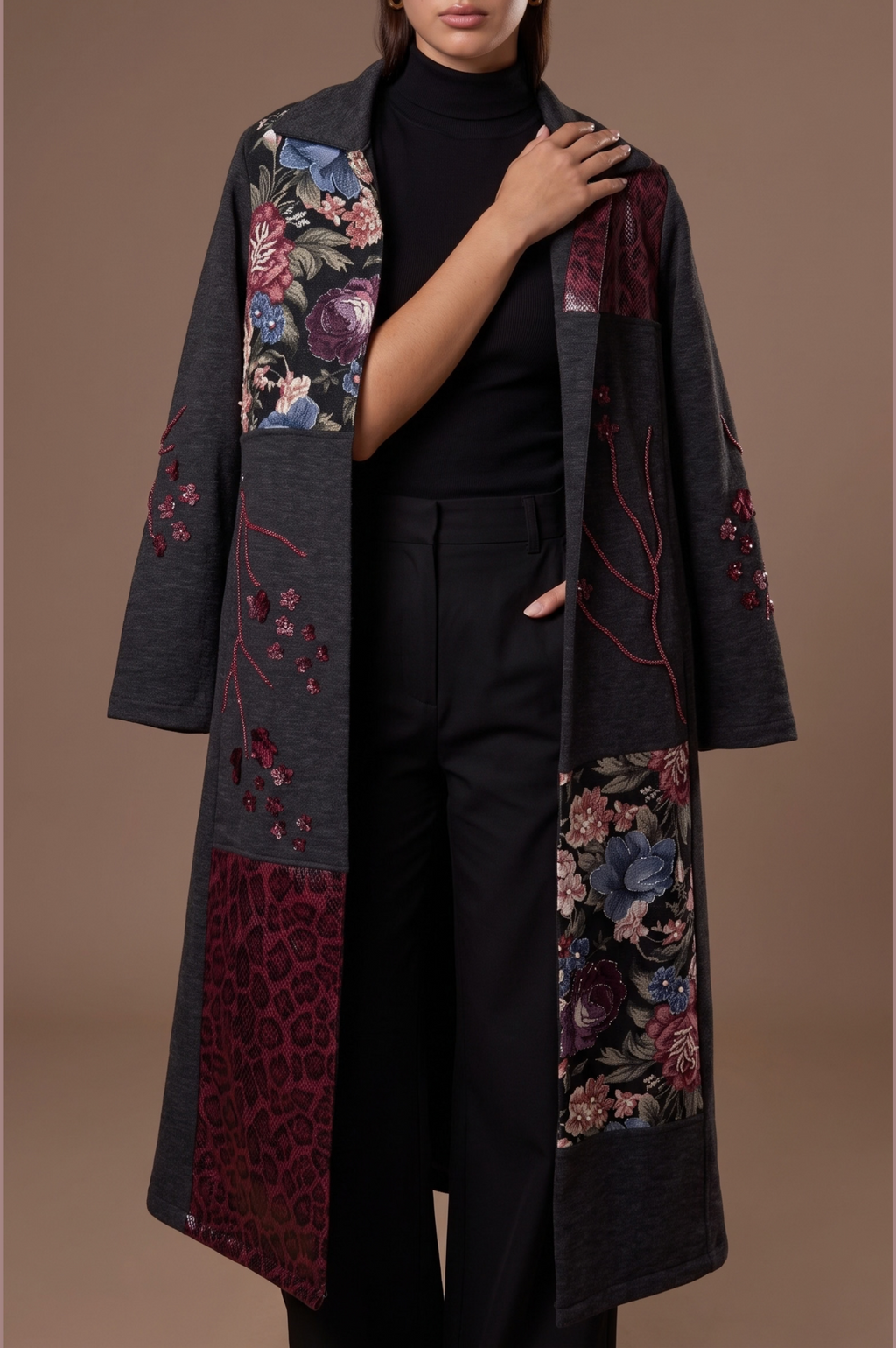 Mosaique model wearing the jacket in the studio