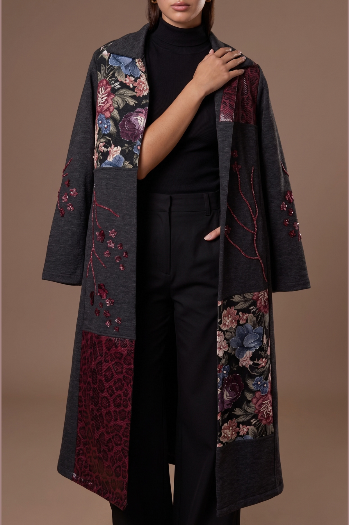 Mosaique model wearing the jacket in the studio